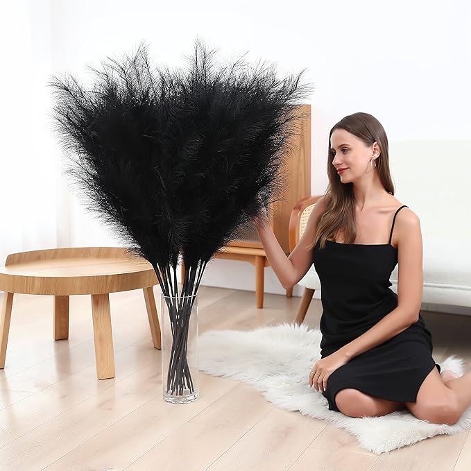 8 Pcs 45 inch Tall Faux Pampas Grass Decor, Large Artificial Black Pompous Grass Bulk, Long Fake Pompas for Floor Vase Filler, Wedding, Baby Shower, Home and Boho Decor (Black)