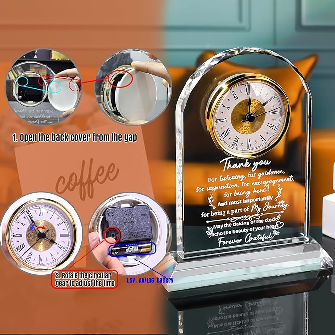Thank You Gifts Clock for Women, Men, Appreciation Gift for Friends, Coworkers, Teacher - Inspirational Quotes Gifts for Mom, Sister - K9 Crystal Thank You Clock Desk & Home Decor