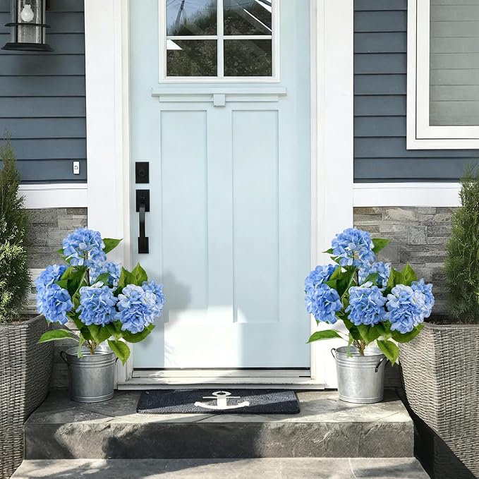 2 Pcs Artificial Hydrangea Tree 2ft Fake Potted Tree with Blue 3D Printed Petals, Realistic Faux Hydrangea Plant in Pot for Front Porch Entryway Indoor Outdoor Home Office Decor