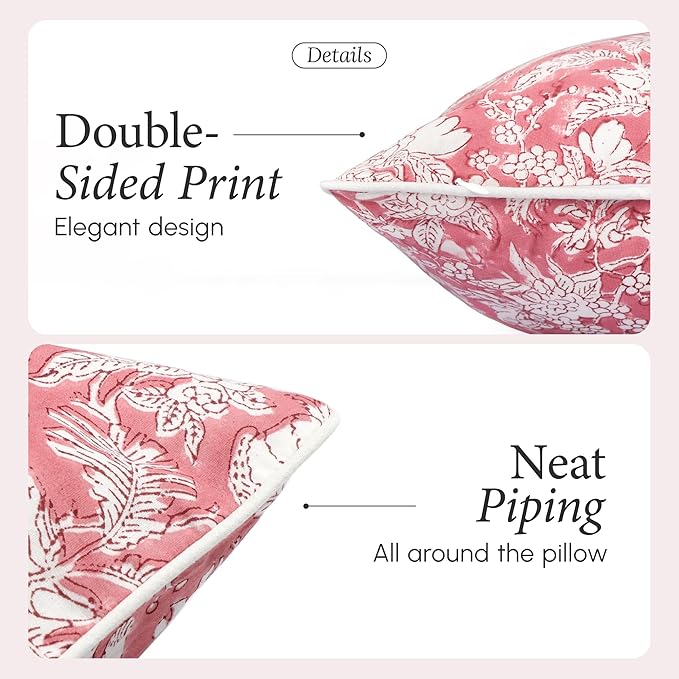 CPC 100% Cotton Throw Pillow Covers 24x24 Inch, Set of 2 Red Block Print Pattern Couch Pillow, Cute Boho Decorative Pillows for Living Room, Bedroom with Hidden Zipper- Coral Pink