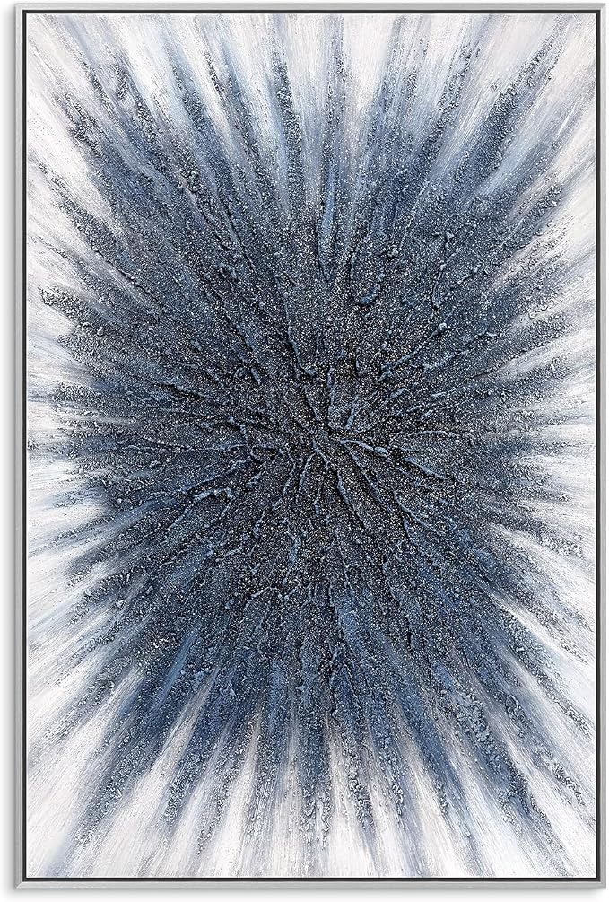 SAFERRYHOME Abstract Hand Painted Wall Art, Navy Blue, 24"x36" Framed | Shimmering Blue 3D Textured Framed Wall Decor, Modern Painting Radiant Burst Geometric Artwork for Home Office Living Room