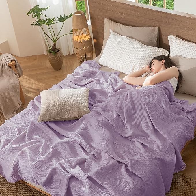 MooMee Muslin Blanket - 100% Cotton 4-Layer Gauze Throw Blanket with All-Around Fringe, Soft Breathable Lightweight Cooling Summer Blankets for Bed Couch(Light Purple,King 104" x 90")