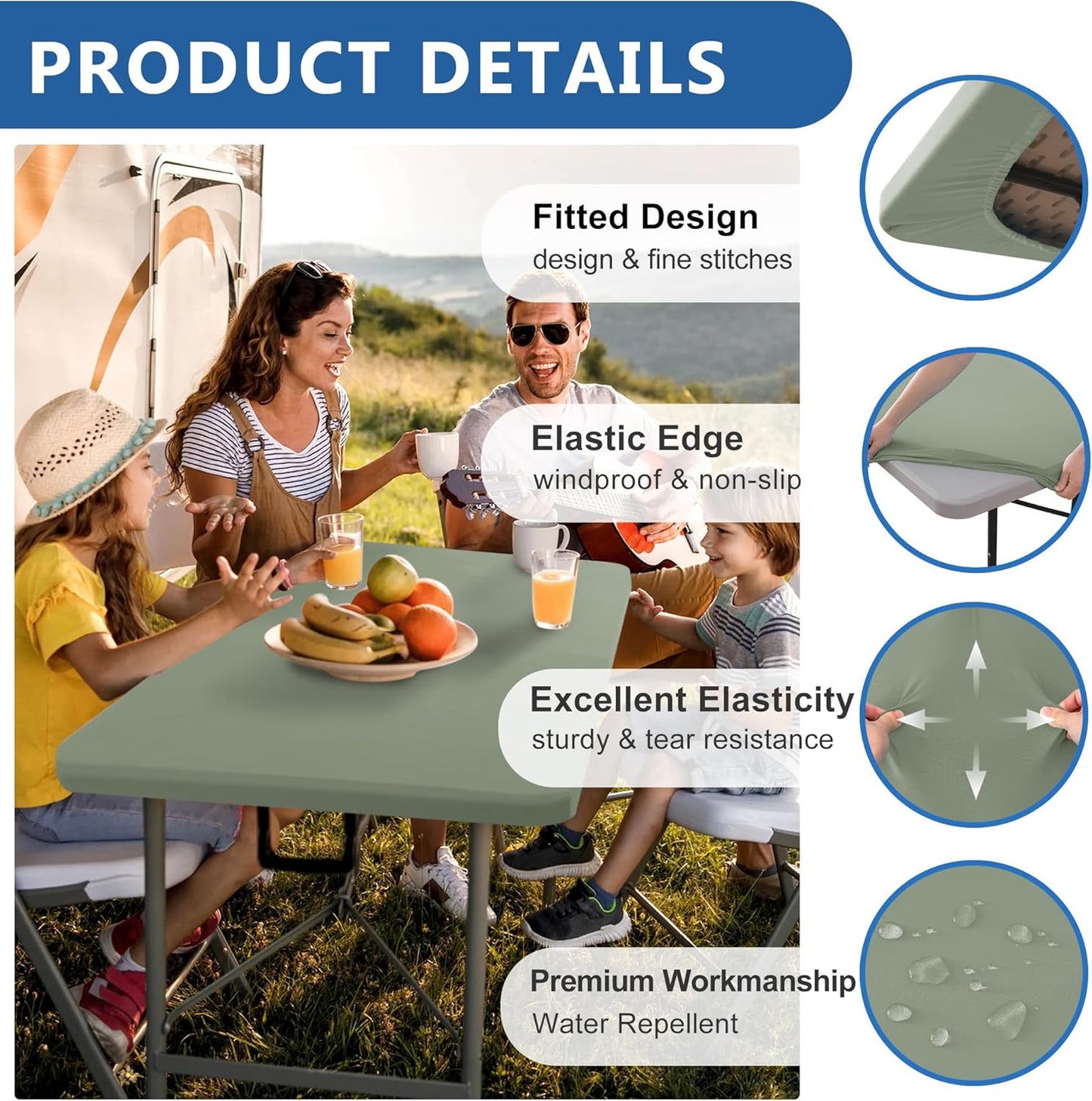 Fitted Tablecloth for 6 Foot Rectangle Tables-4 Pack Sage Elastic Outdoor Picnic Table Cover-Spandex Stretch Folding Table Cloths 6 ft for Camping Dining Room Patio Kitchen Banquet Party