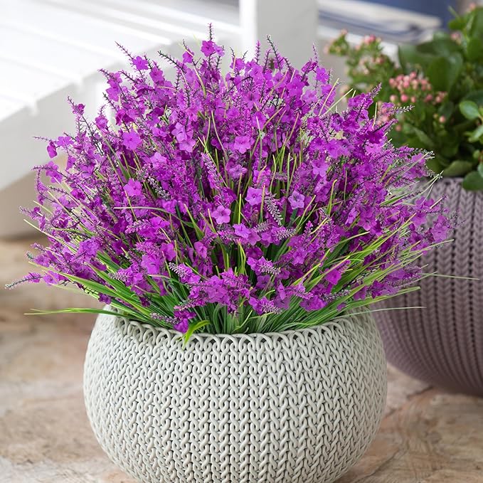 20 Bundles Artificial Lavender Flowers for Outdoors Fake Silk Flowers Faux Plants UV Resistant for Outside Indoor Spring Porch Window Garden Table Box Office Home Decorations, Fuchsia