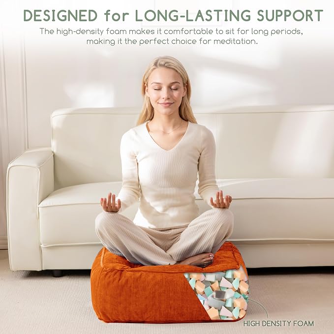 HIGOGOGO 8" Extra Thick Floor Pillow Cushion for Adults, Meditation Cushion Pillow with Handle, Lustrous Chenille Tufted, Square Floor Sitting for Tatami Living Room or Yoga, 22x22 Inch, Orange