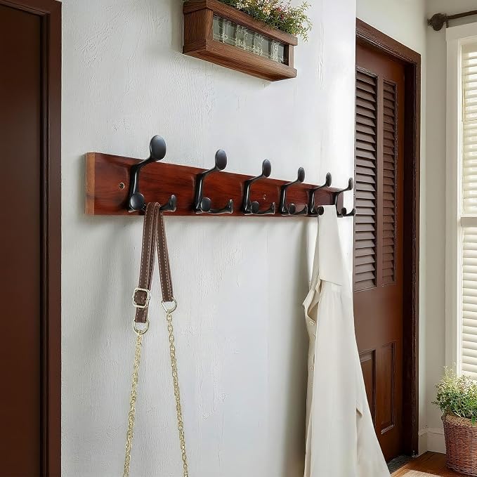 WEBI Coat Rack Wall Mount,36" Solid Wood Coat Hooks Wall Mounted Coat Hanger,16" Hole to Hole,Heavy Duty Hook Rack Rail,6 Triple Hooks for Hanging Coats,Jacket,Clothes,Hat,Backpack,Cherry,2 Packs