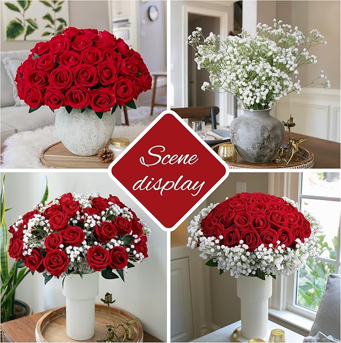 HyeFlora 35 PCS Artificial Red Roses with 15 PCS Fake Baby Breath Realistic Fake Flowers Bouquet with Long Stem for DIY Wedding Party Home Decoration Vase Tables Centerpieces Arrangements Gift for Her