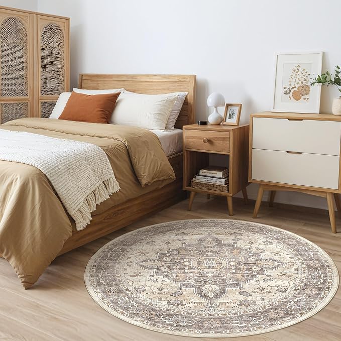 Round Rug Living Room Rugs: 10x10 Washable Boho Neutral Large Circle Soft Indoor Floral Stain Resistant Floor Farmhouse Carpet for Bedroom Nursery Kids Playroom Office Dining Room- Beige Brown