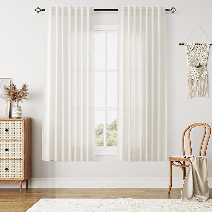 Nanspring Beige White Linen Curtains 63 Inches Long Short Curtain 2 Panels for Living Room Light Filtering Privacy Semi Sheer Back Tab Rod Pocket Soft Lightweight Drapes for Bedroom W50 x L63