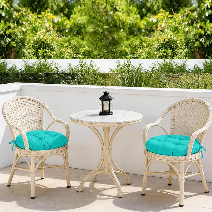 idee-home Outdoor Bistro Chair Cushions Set of 2, Round Seat Cushions | 18”x18”x 6” Thick Outdoor Round Seat Pads Tufted with Ties, Waterproof Patio Furniture Pads for Garden
