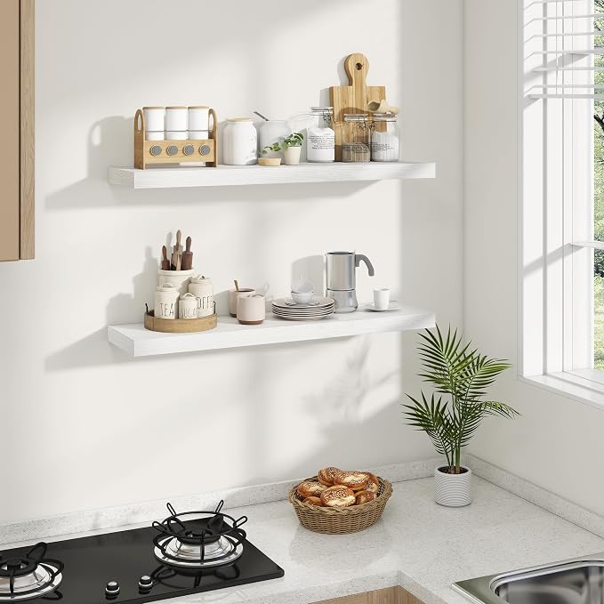Dreamland 36 Inches Floating Shelves for Wall, 8" Deep Long Floating Shelves Set of 2, Large Display & Storage Shelf, Wall Shelf for Bathroom Bedroom Living Room Kitchen Office, White