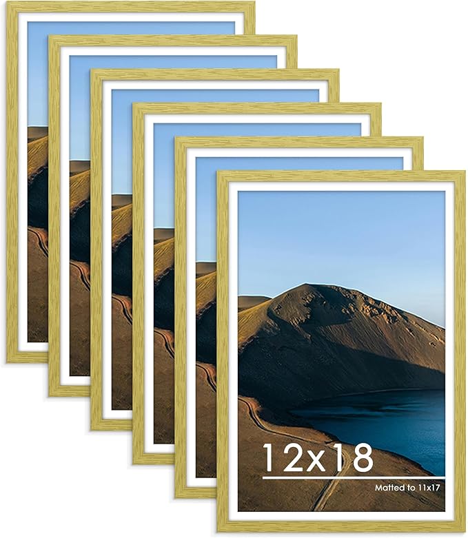 PEALSN 12x18 Picture Frame Set of 6, Display Pictures 11x17 with Mat or 12 x 18 without Mat for Wall Mounting Display, Photo Frames Collage for Wall Decor, Gold