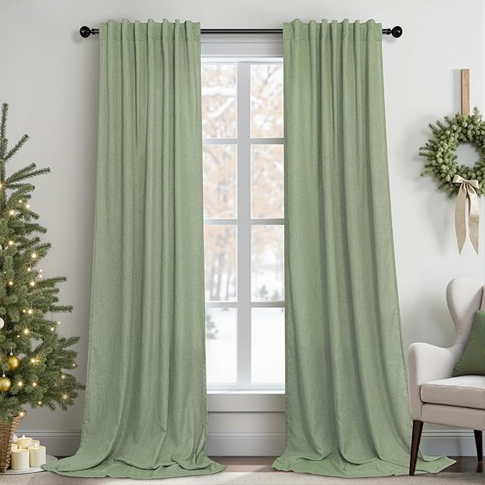 Light Sage Green Linen Curtains 120 Inches Long for Living Room 2 Panels Set Rod Pocket Back Tab Semi Sheer Light Filtering Sage Green Curtains and Drapes for Large Windows Patio Door Vertical 10FT