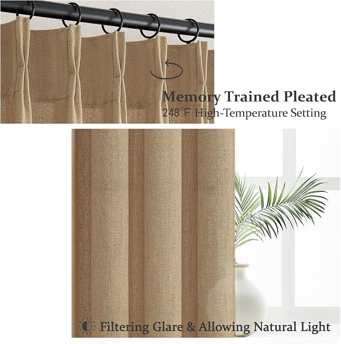 Pleated Linen Rust Brown Curtains 84 Inches Long 2 Panels Set for Bedroom, Memory Trained Pinch Pleat Light Filtering Semi Sheer Window Drapes Living Room Rustic Curtain 84 Inch Length with Back Tab
