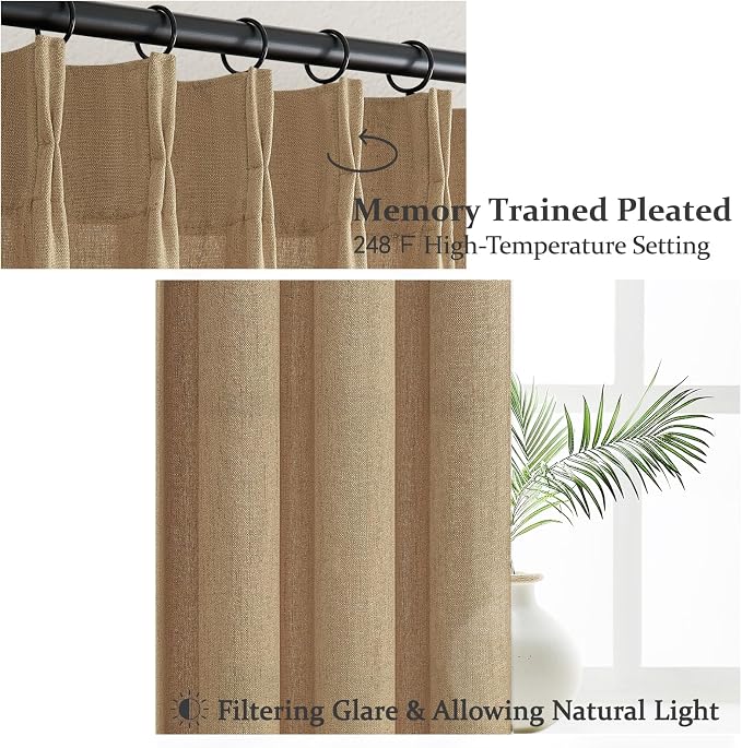Extra Long Rust Brown Semi Sheer Living Room High Ceiling Curtains 108 Inch 2 Panels Set, Memory Shape Pinch Pleated Linen Blend Light Filtering Elegant Curtain & Drapes for Large Window 40"W x 108"L