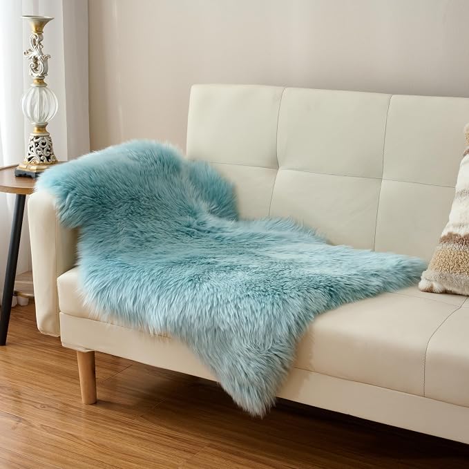 Premium Genuine Sheepskin Area Ruge - Real Wool Fur Shaggy Carpet | Fluffy Soft Natural Lambskin Rug Seat Chair Covers for Couch Sofa Bedroom Living Room(Light Blue,2×3 Feet Sheepskin)