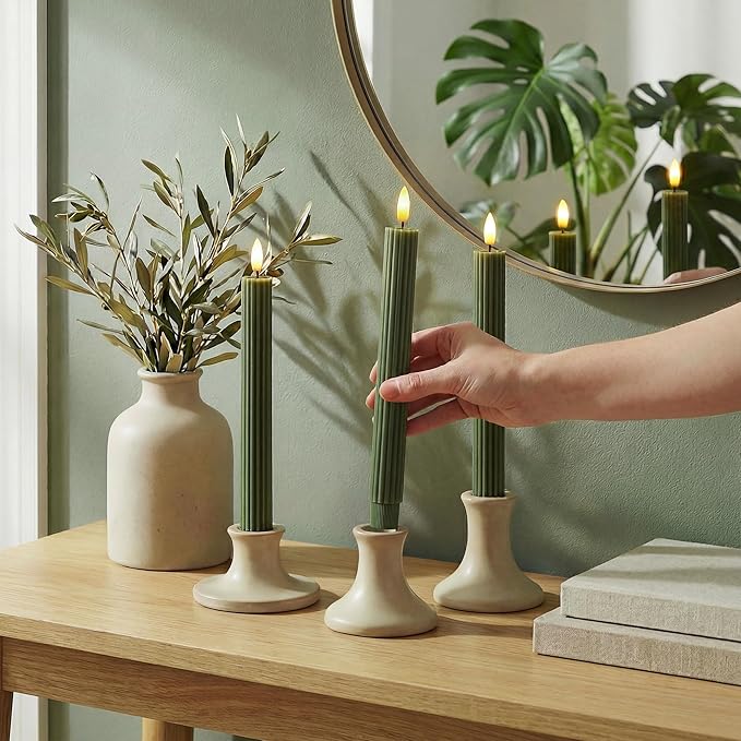 12 Pack, 10" LED Flameless Real Wax Sage Olive Loden Green Fluted Ribbed Grooved Taper Candles, Remote & 24h Timer Memory, On/Off Button, Dimmable, Flicker Mode, Battery Operated, Wedding