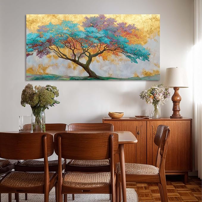 Ggaafet Gold Blue Tree Wall Art for Bedroom Canvas Oil Painting Prints Beautiful Tree of Life Art Deco Modern Artwork Office Family Dining Room Decor