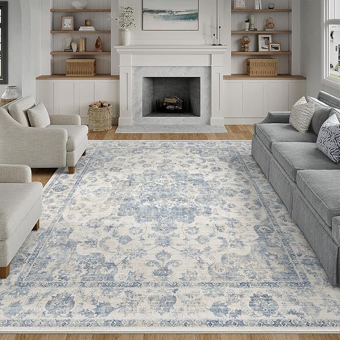 12x15 Neutral Area Rug Blue Vintage Living Room Bedroom Washable Carpet Non-Slip Soft Low Pile Farmhouse Indoor Extra Large Throw Rug for Dining Room Office