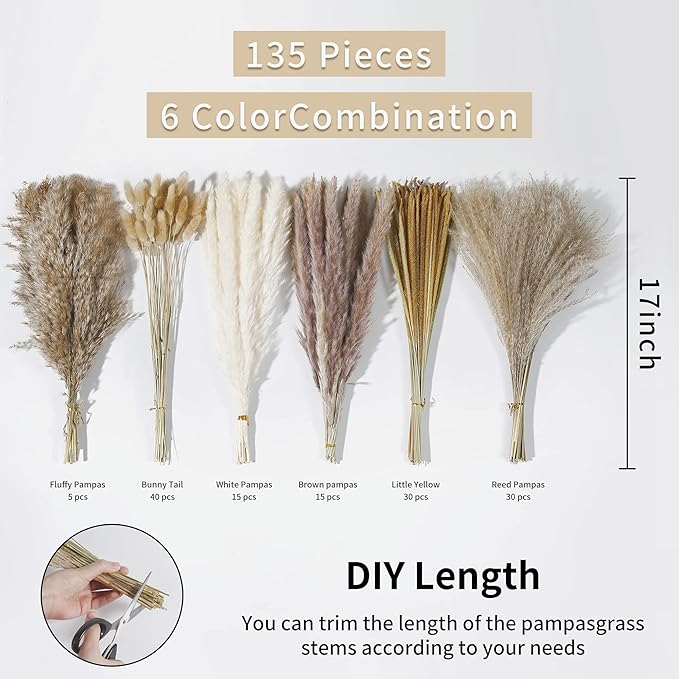 Wertuirk 135Pcs Dried Pampas Grass Decor, Boho Home Decor, Mini Bunny Tails Dried Flowers, Fluffy Pompous Grass Bouquet Bulk for Wedding, Table, Rustic Party, Baby Shower Decorations