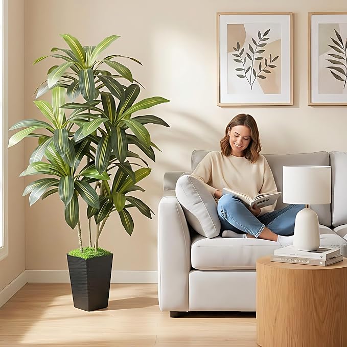 6ft Artificial Dracaena Tree | Realistic Faux Dragon Tree, Silk Tree with Pot, Indoor Home Office Decor For Corner, Modern Floor Plant