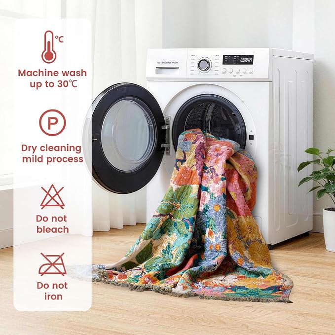 MSGKV Boho Throw Blanket for Couch 50"x60" Cotton Floral Blankets for Sofa Chair Summer Breathable Farmhouse Home Decor All Seasons Lightweight Muslin
