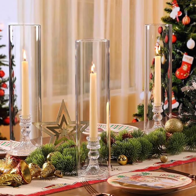 6 Set Hurricane Glass Candle Holders for Taper Candles, Candlestick Holders with Windproof Glass Tubes 13.4" H, Taper Candle Holders for Wedding, Dinner Table Centerpieces, Festival and Party Decor