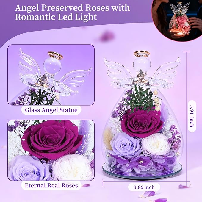 Gifts for Women Preserved Rose Forever Flower Eternal Roses in Glass Angel Figurines Fresh Flowers for Delivery Prime Mothers Day Birthday Gift for Mom Her Wife Grandma on Valentines Day Anniversary