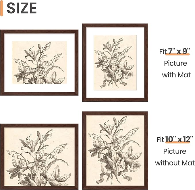 upsimples 10x12 Picture Frame, Display Pictures 7x9 with Mat or 10 x 12 Without, Wall Hanging Photo Frames, Brown, 1 Pack