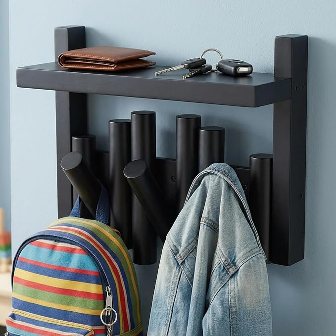 Bamboo Wall Mounted Coat Rack with Shelf Flip Down Wooden Hooks for Entryway Hallway Bedroom | Matte Black Piano Hanger, 3 Hooks, Space Saving Organizer