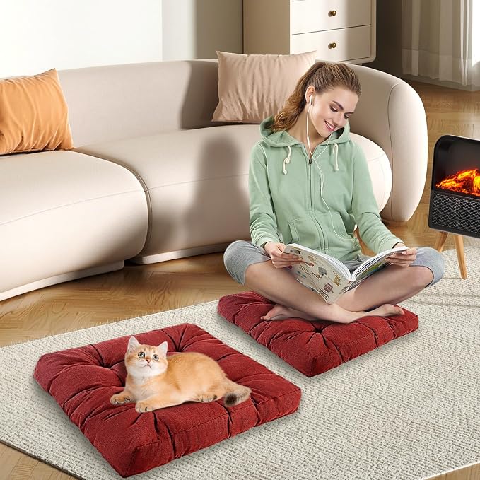 Meditation Floor Cushions Set of 2, Thickened Floor Pillow for Adults, Large Square Pillows Seat Cushion for Tatami Living Room Yoga, Memory Sponge Block Added, 22x22 Inch, Wine Red