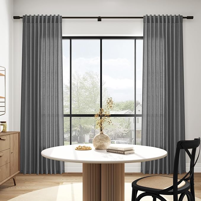 Nanspring Blazer Grey Curtain SheerLinen Blend Light Filtering Back Tab Curtains 102 Inches Long, Semi Sheer Privacy Drapes for Living Room & Bedroom, 52x102 inch, 2 Panels