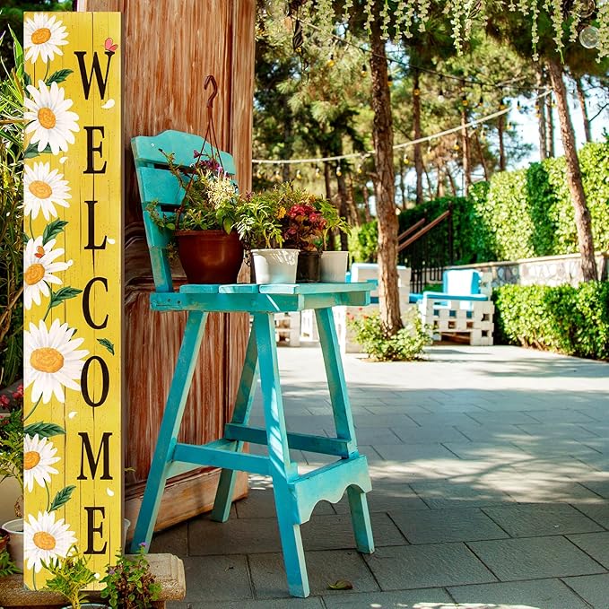 Spring Summer Welcome for Front Porch Standing, Daisy Wooden Porch Sign for Front Door Decorations, Rustic Farmhouse Hanging Wall Sign for Spring Home Decor, 47.2"H