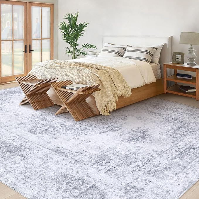 XLUEZ Area Rug 9x12 Living Room Rug, Machine Washable Vintage Distressed Medallion Rug Non-Slip Soft Low Pile Large Indoor Rugs for Bedroom Kitchen Dining Room Office(LightGrey,9'x12')