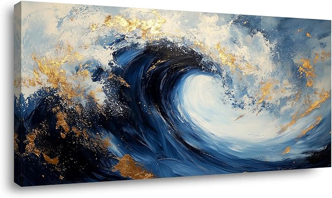 Ggaafet Navy Blue Waves Wall Art for Living Room Canvas Painting Prints Beautiful Ocean Sea Gold Art Deco Modern Artwork Office Bedroom Family Room Decor Large