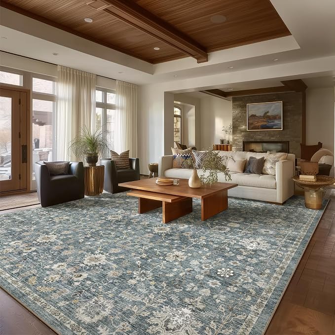 Washable Rugs for Living Room: 9x12 Area Rugs for Bedroom Ultra Soft Non-Slip Stain Resistant Vintage Boho Large Carpet for High-Traffic Dining Room - Farmhouse Decor