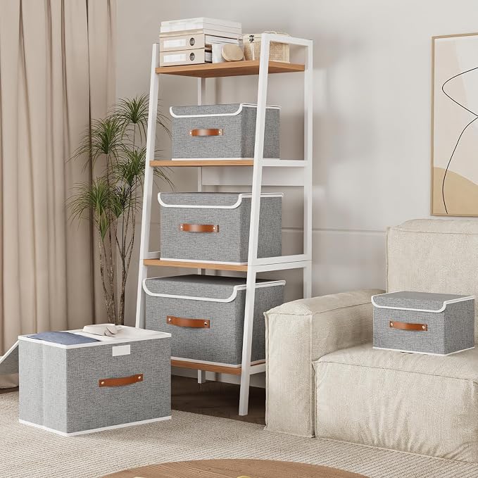 Yawinhe Collapsible Storage Box, Cube Organizer Basket, Fabric Bin with Lids, Washable and Leather Handle for Shelves, Closet, Grey, 10.2x7.9x6.7 In, 5-Pack, SNK024GN-5