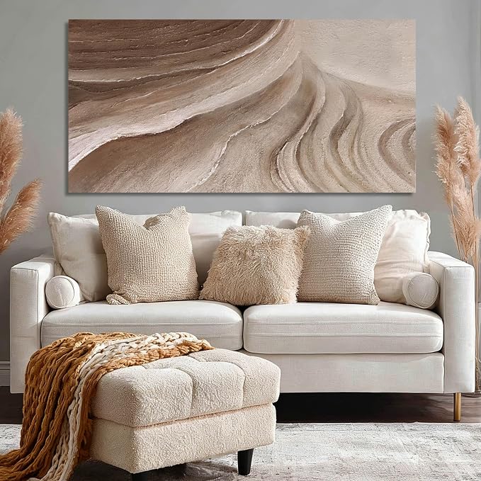 MLART99 Modern Abstract Beige and Brown Canvas Wall Art Textured Minimalist Line Painting Wave-Inspired Artwork for Living Room Bedroom Office Home Decor 24x48 Inch