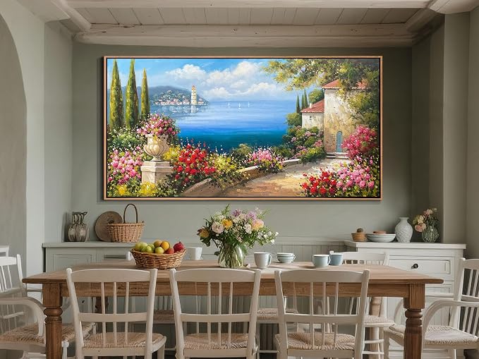 Arjun Extra Large Wood Framed Landscape Wall Art Canvas Living Room, Hand Painted Seascape Painting Bedroom Flower Blue Ocean Picture Artwork Home Office Wall Decor 58"x29"