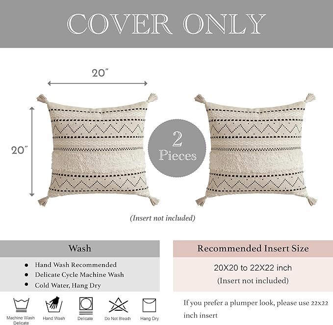 BlissBlush Decorative Throw Pillow Covers 20x20 Combo Set of 2 Square Boho Black Neutral Accent Pillowcase Tassels Farmhouse Cushion for Couch Sofa Bedroom Living Room Home Décor Cover ONLY