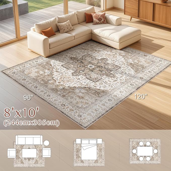 Tortania Area Rug Living Room Rugs - 8x10 Washable Boho Rug Vintage Oriental Distressed Farmhouse Large Thin Indoor Carpet for Living Room Bedroom Under Dining Table Home Office - Brown