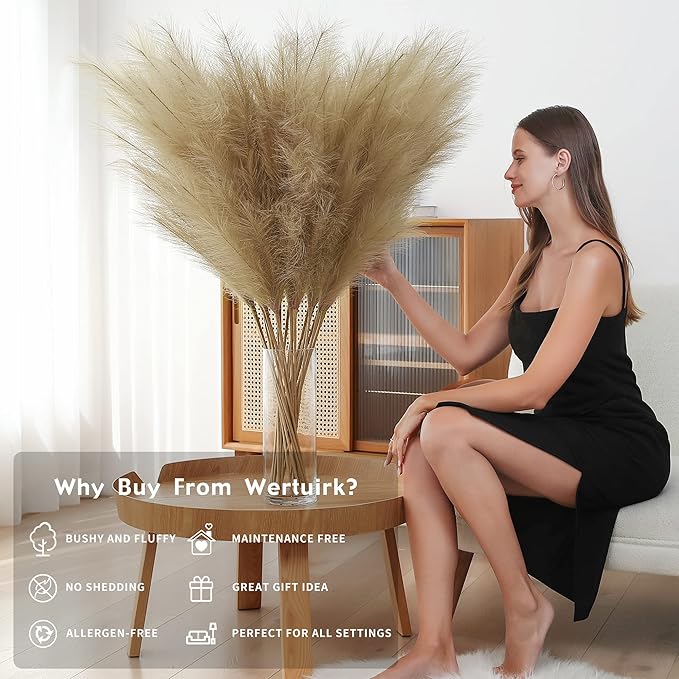 Wertuirk 8 Pcs 45 inch Tall Faux Pampas Grass Decor, Large Artificial Brown Pompous Grass Bulk, Long Fake Pompas for Floor Vase Filler, Wedding, Baby Shower, Home and Boho Decor (Brown)