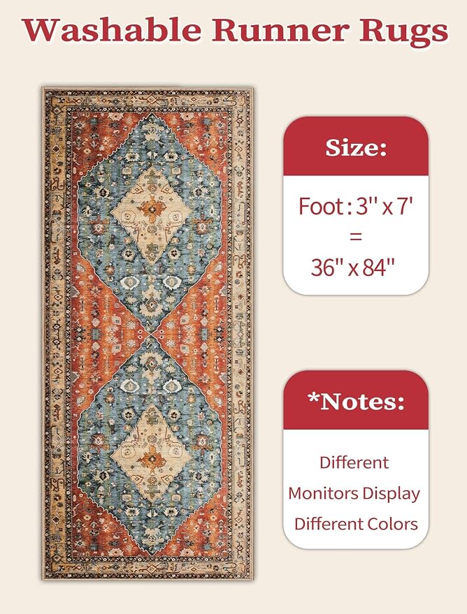 SERISSA Boho Kitchen Runner Rug, 3x7 Washable Non-Slip Runner Rug for Hallways Kitchen Rug, Ultra Soft Vintage Tribal Print Distressed Floor Carpet Runner for Bedroom Entryway Laundry Room