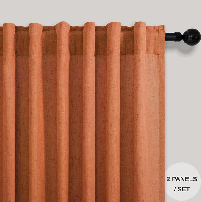 Burnt Orange Curtains 108 Inches Long for Living Room Dining 2 Panels Back Tab Pocket Drape Light Filtering Semi Sheer Linen Curtains for Bedroom Patio Door Autumn Neutral Earth Tone Decor Rust 52x108