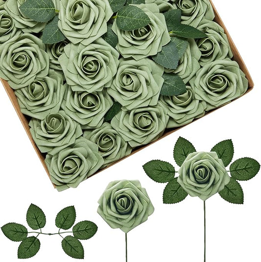 InnoGear Artificial Flowers, 50 Pcs Elf Green Rose Foam Fake Roses Bulk with Stems for Spring St. Patrick's Decoration DIY Wedding Bouquets Centerpieces Bridal Shower Party Christmas Tree