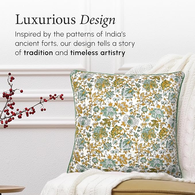CPC 100% Cotton Throw Pillow Covers 24x24 Inch, Set of 2 Blue Block Print Pattern Couch Pillow, Cute Boho Decorative Pillows for Living Room, Bedroom with Hidden Zipper- Harvest Bloom
