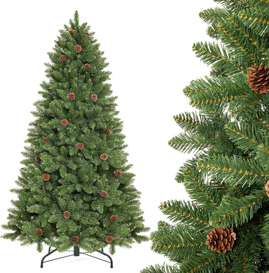 Decoway 6FT Artificial Christmas Tree: Unlit Green Xmas Pine with Pinecones and Metal Stand for Indoor - Holiday Decoration for Porch Living Room Easy Assembly