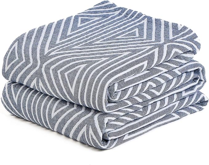 Muslin Blanket,100% Cotton Reversible 4-Layer Geometric Quilt, Soft Throw Blanket for Twin Size Bedspread Sofa Room Decor, Gifts for Women,Men, 60"×80", Blue