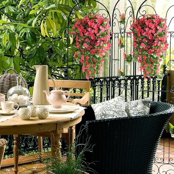 ZFProcess Artificial Fake Hanging Flowers Plants for Outdoor Spring Summer Decoration, 2PCS Faux Silk Violet UV Resistant Look Real Trailing Vines for Outside Home Planter Porch Patio(Rose red)