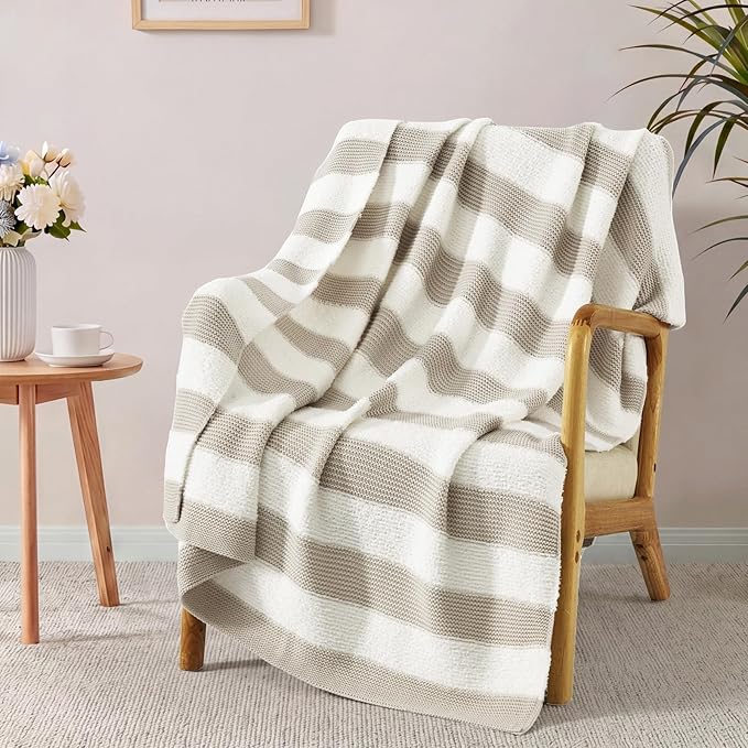 WRENSONGE Soft Throw Blanket for Couch-Cozy Reversible Knitted Blankets | Lightweight Warm Fluffy Decor for Women, Mom, Her & Girls, Sofa, Chair, Bed, 50x70in, Feather Yarn Khaki